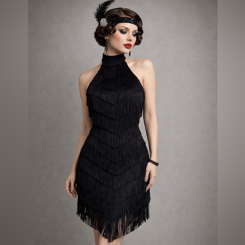 Vintage 90s Guess Collection Womens Black Fringe Dress Sz 2 Halter LBD Cocktail